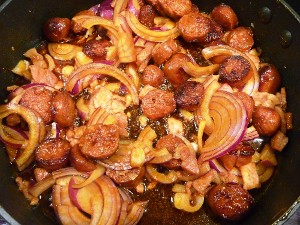 Onions, chorizo, garlic, bacon, paprika